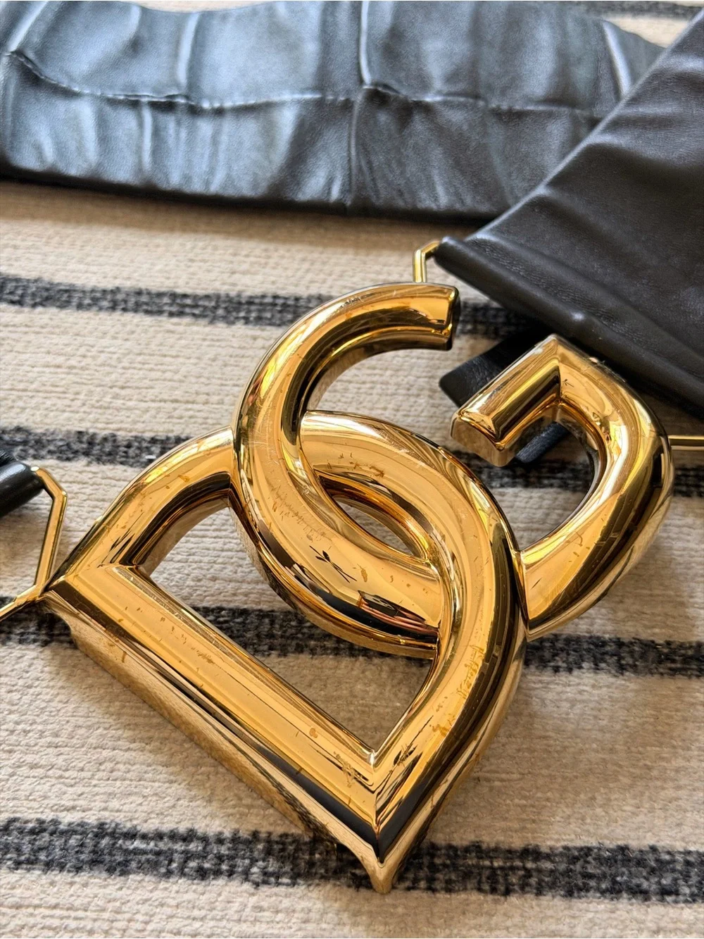 Dolce & Gabbana Black Leather Belt with Gold DG Buckle (jumbo) AUTHENTIC